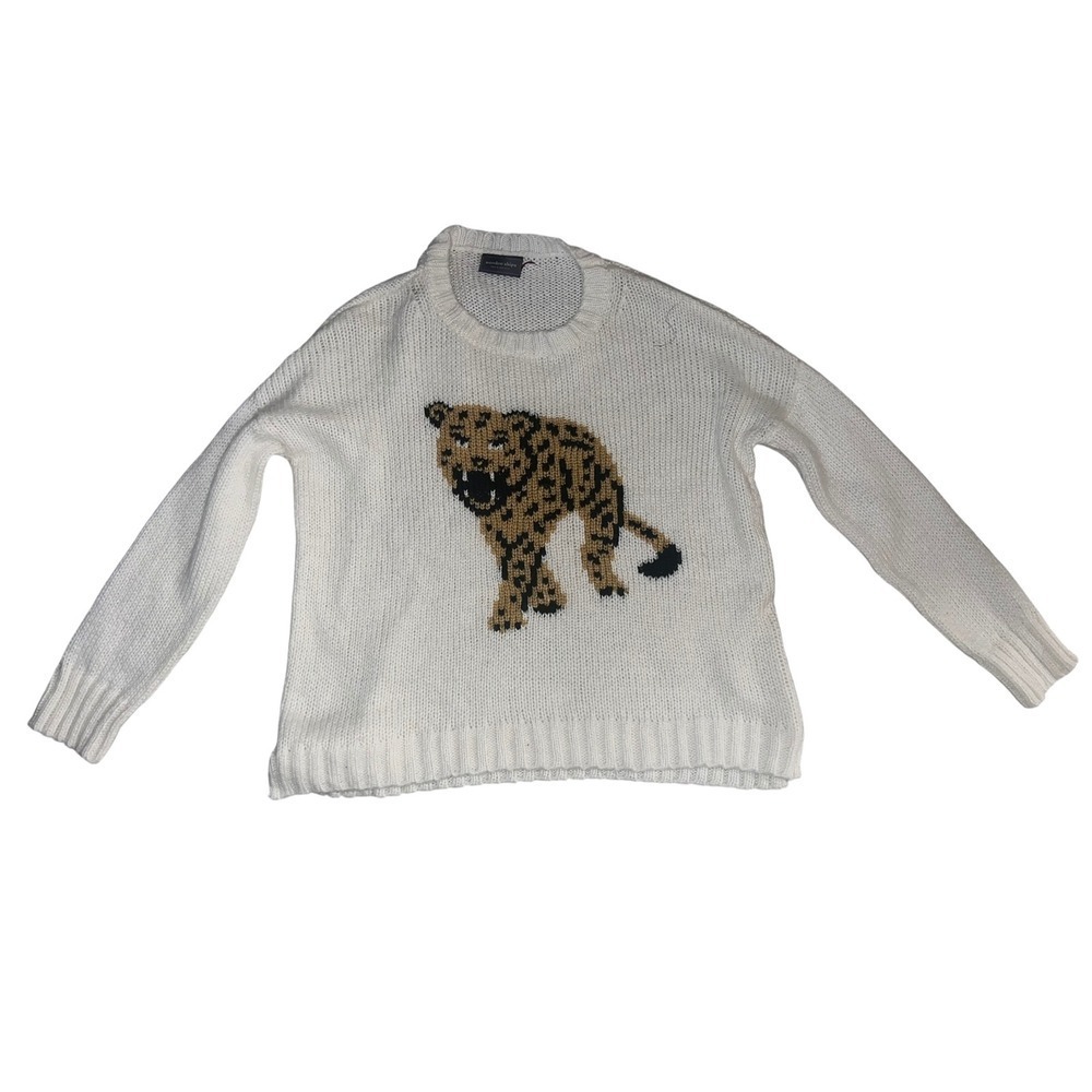 Wooden Ships Ivory Leopard Print Knit Pullover Sz XS | Long Sleeve Cozy Sweater